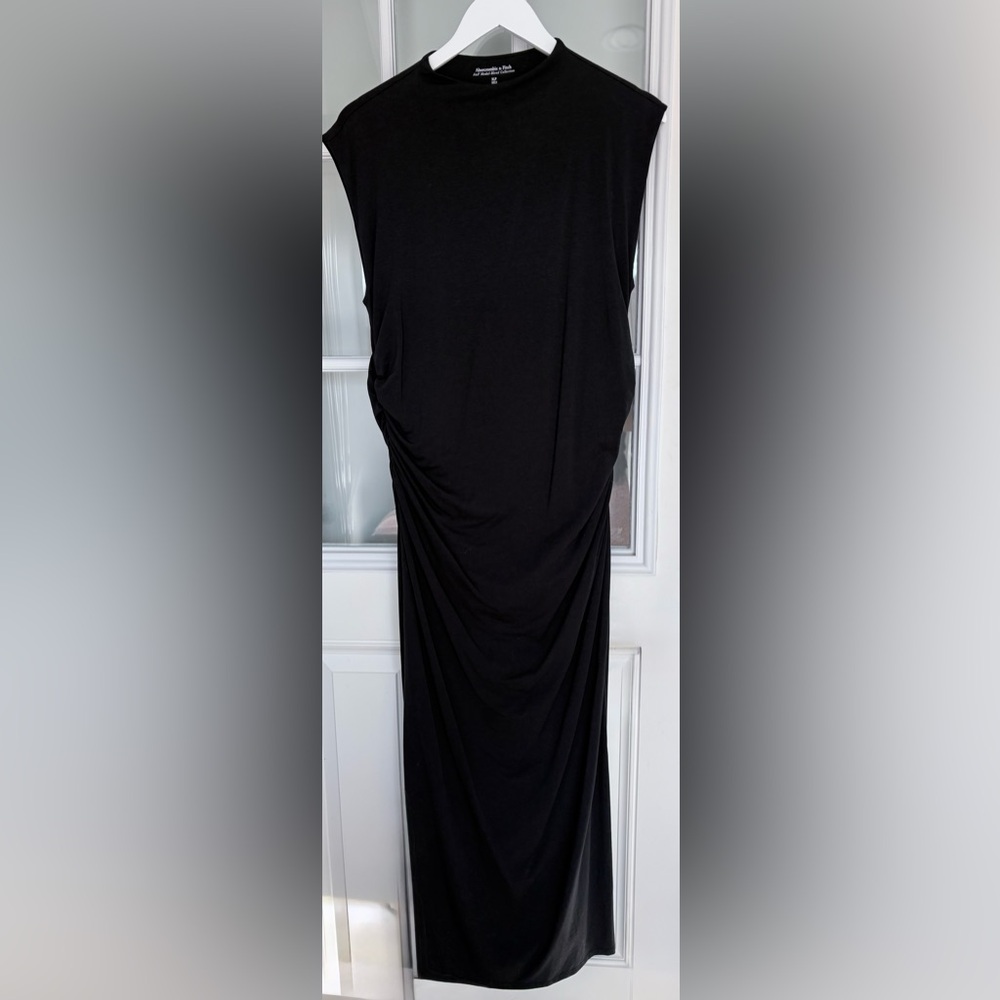 Abercrombie Fitch XLP Black Modal Maxi Dress Ruched Side Stretch Petite NWOT